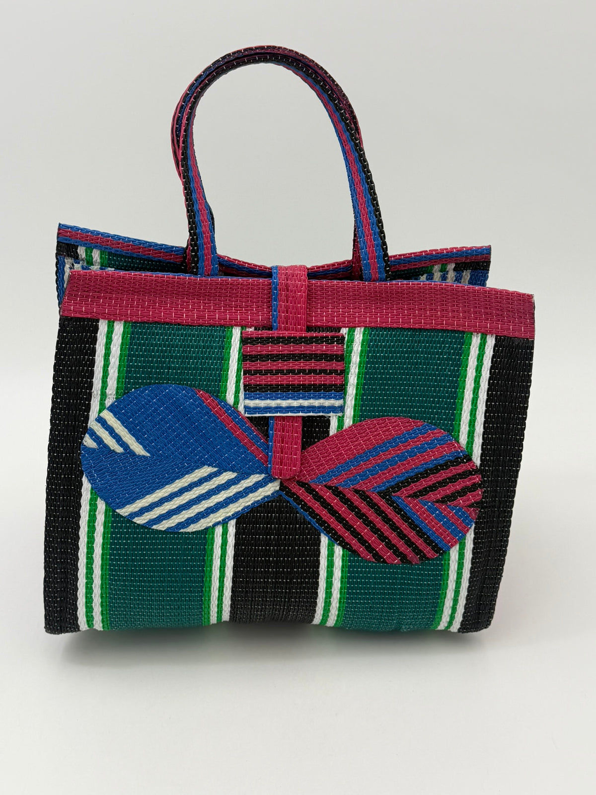 Emerald Medium  handwoven tote bag by SCRUBIES in Pink,Green,Blue,Black with Stripes design and Bow accent pattern