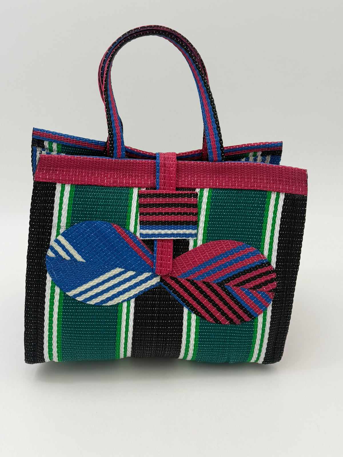 Emerald Medium  handwoven tote bag by SCRUBIES in Pink,Green,Blue,Black with Stripes design and Bow accent pattern