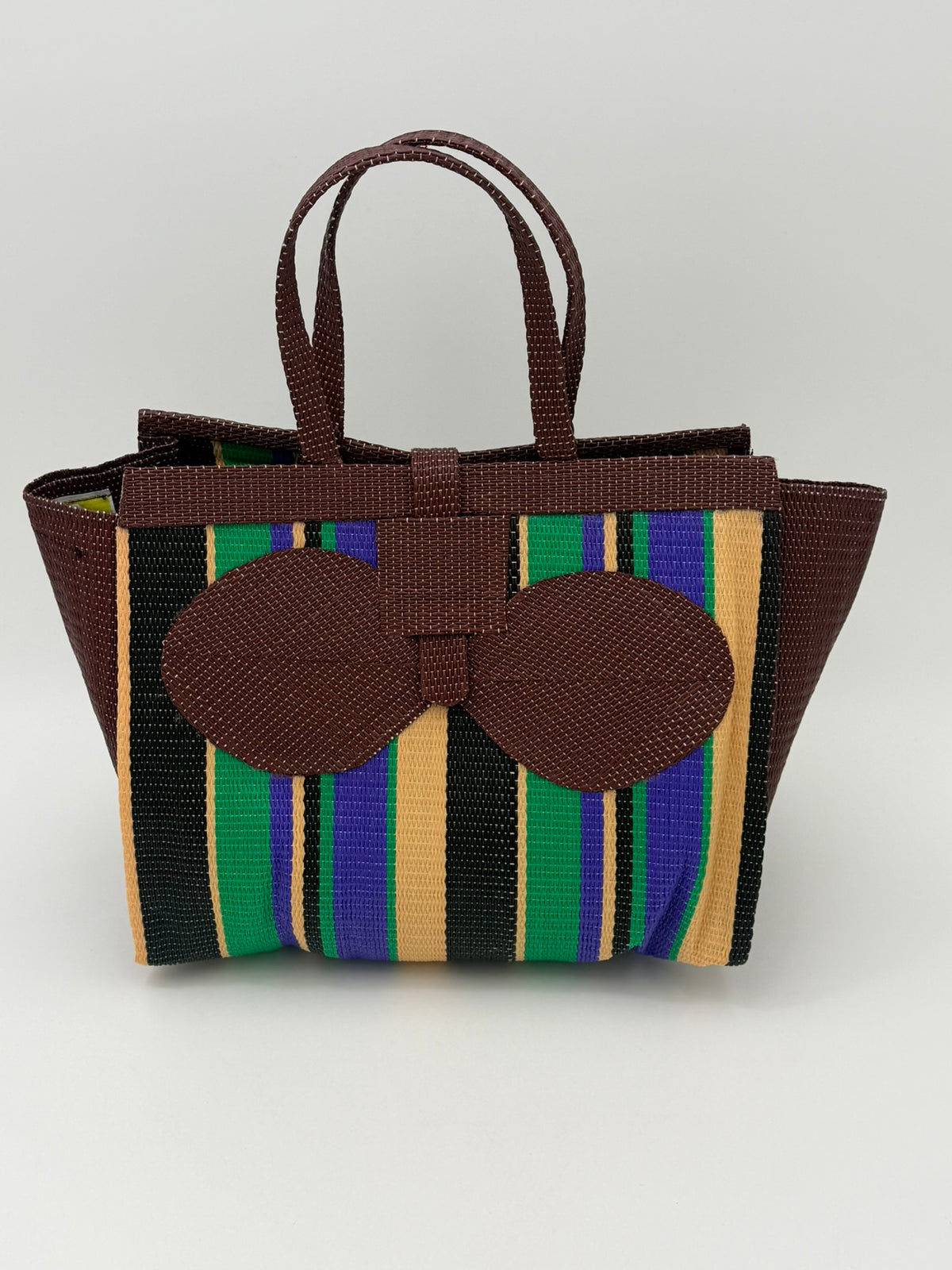 Lavender Medium  handwoven tote bag by SCRUBIES in Brown,Black,Green,Purple,Beige with Stripes design and Bow accent pattern