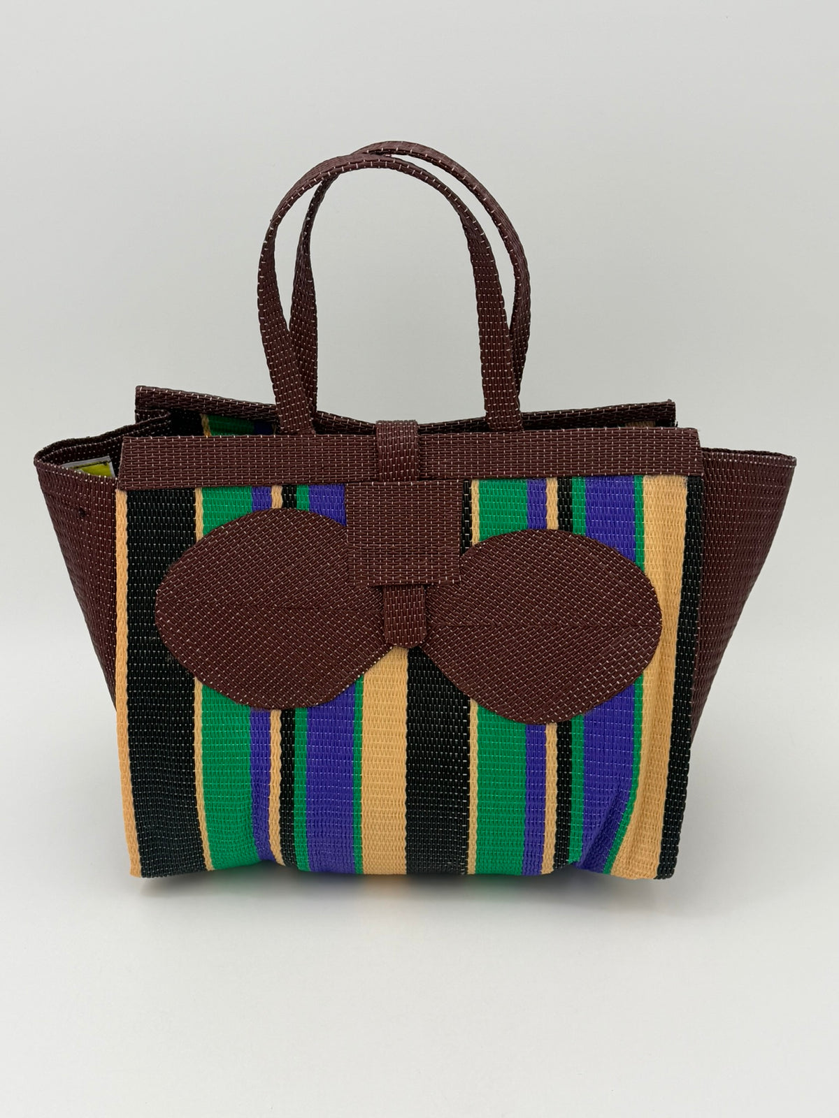 Lavender Medium  handwoven tote bag by SCRUBIES in Brown,Black,Green,Purple,Beige with Stripes design and Bow accent pattern