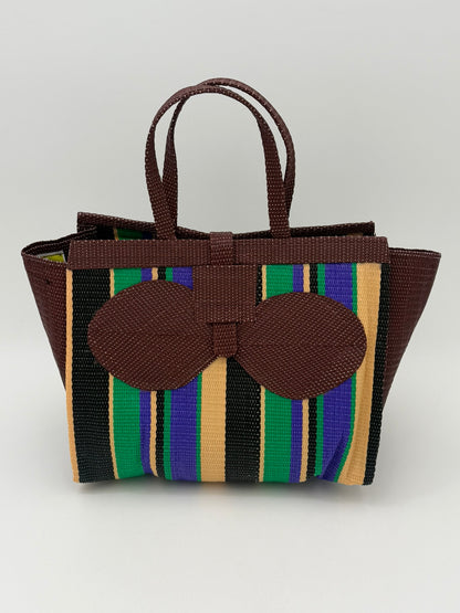 Lavender Medium  handwoven tote bag by SCRUBIES in Brown,Black,Green,Purple,Beige with Stripes design and Bow accent pattern