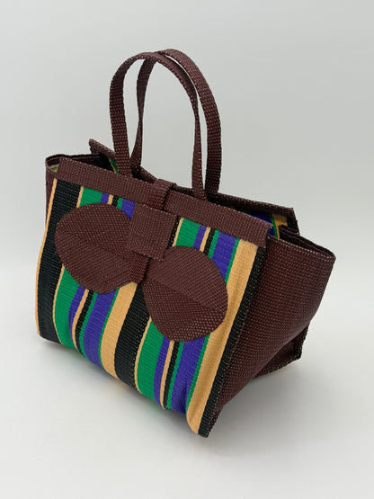 Lavender Medium  handwoven tote bag by SCRUBIES in Brown,Black,Green,Purple,Beige with Stripes design and Bow accent pattern