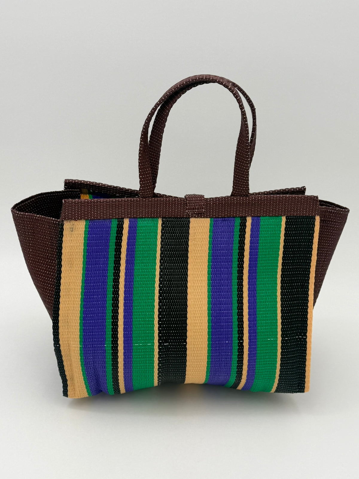 Lavender Medium  handwoven tote bag by SCRUBIES in Brown,Black,Green,Purple,Beige with Stripes design and Bow accent pattern