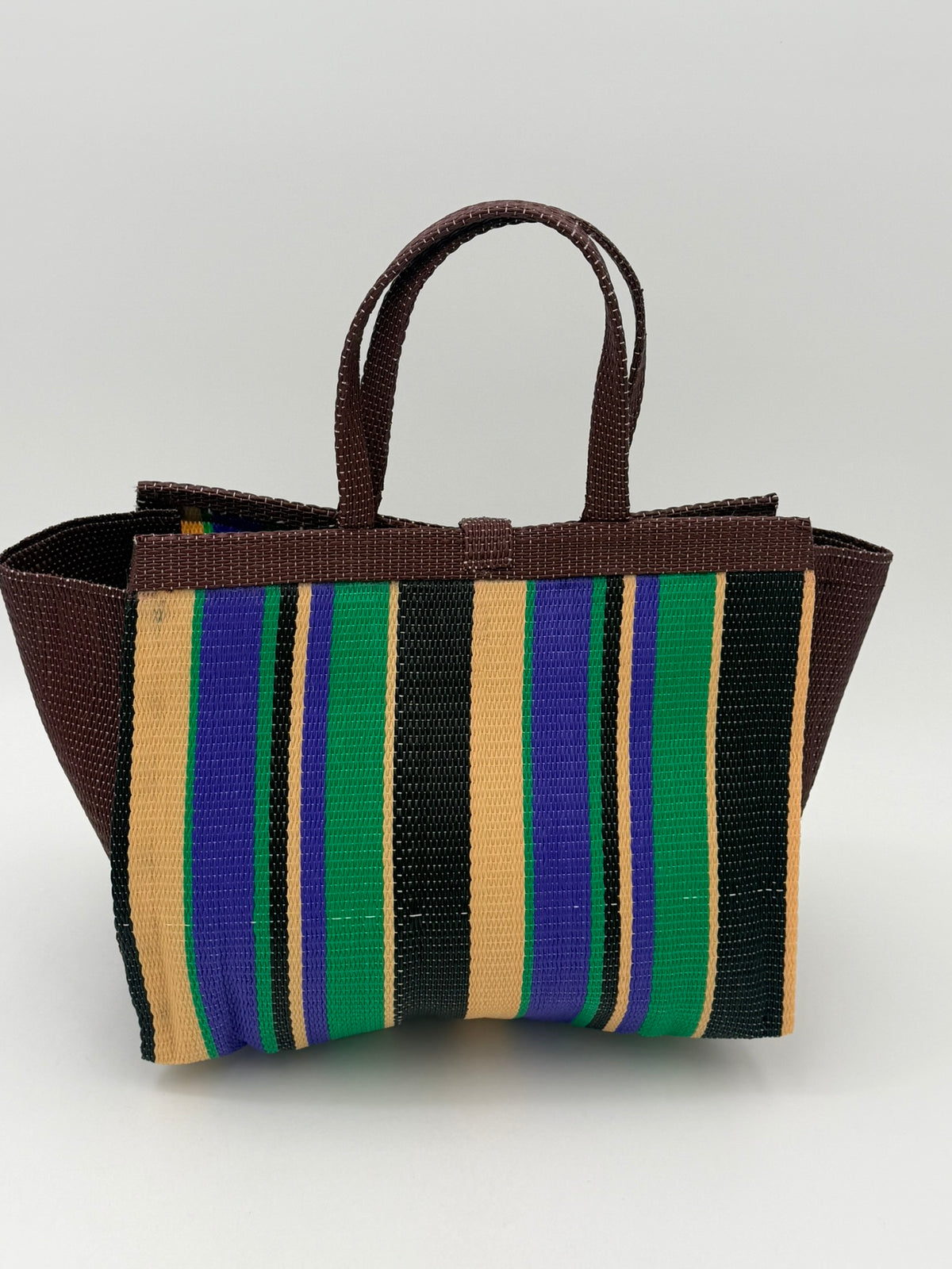 Lavender Medium  handwoven tote bag by SCRUBIES in Brown,Black,Green,Purple,Beige with Stripes design and Bow accent pattern
