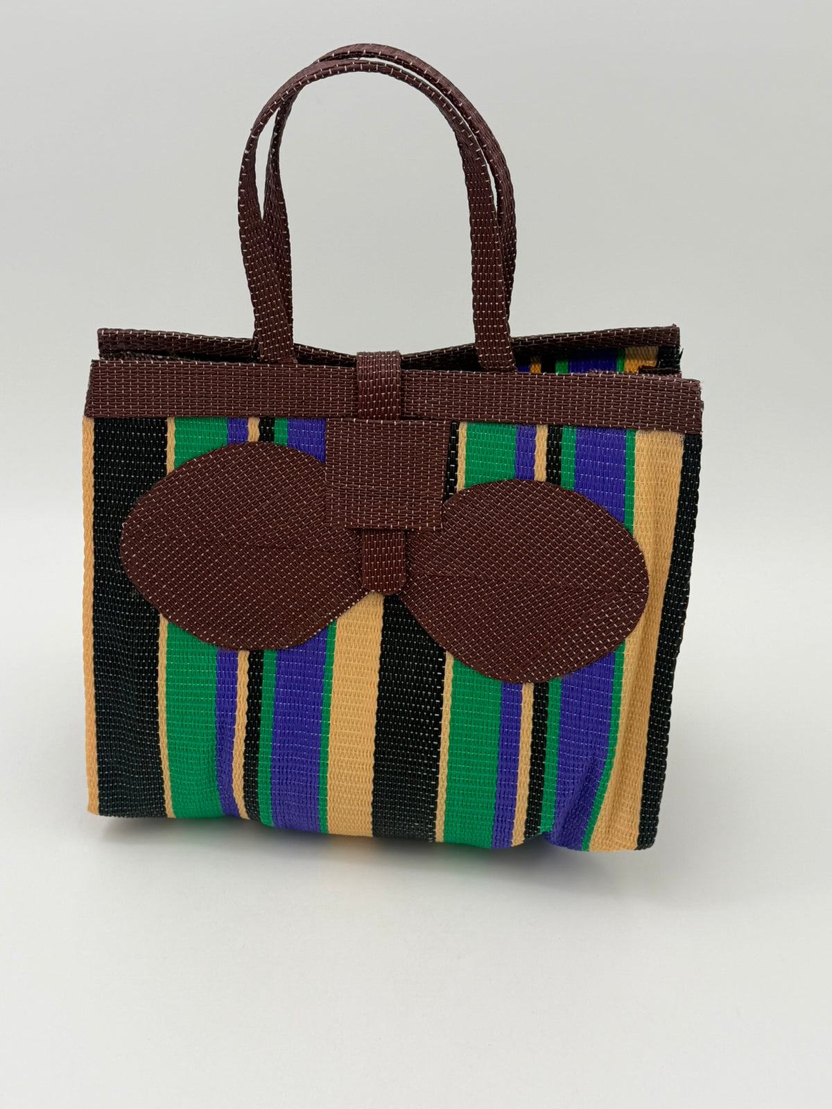 Lavender Medium  handwoven tote bag by SCRUBIES in Brown,Black,Green,Purple,Beige with Stripes design and Bow accent pattern