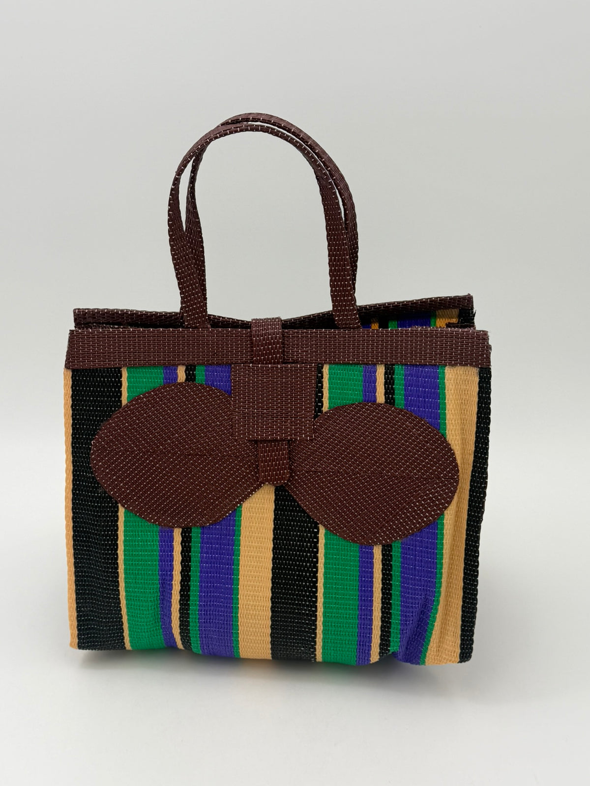 Lavender Medium  handwoven tote bag by SCRUBIES in Brown,Black,Green,Purple,Beige with Stripes design and Bow accent pattern
