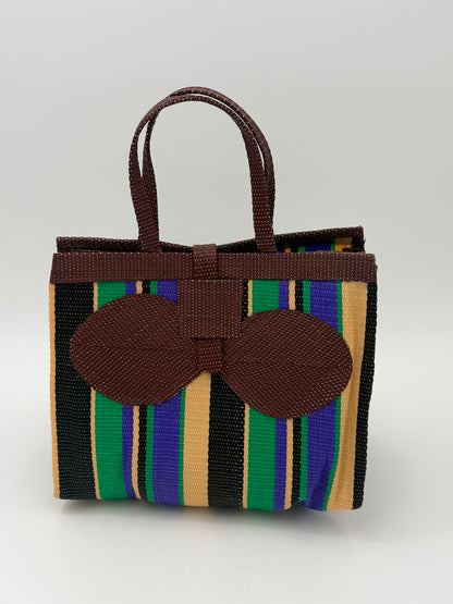 Lavender Medium  handwoven tote bag by SCRUBIES in Brown,Black,Green,Purple,Beige with Stripes design and Bow accent pattern