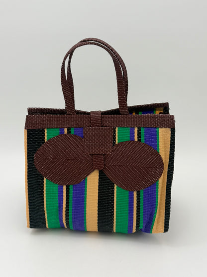 Lavender Medium  handwoven tote bag by SCRUBIES in Brown,Black,Green,Purple,Beige with Stripes design and Bow accent pattern