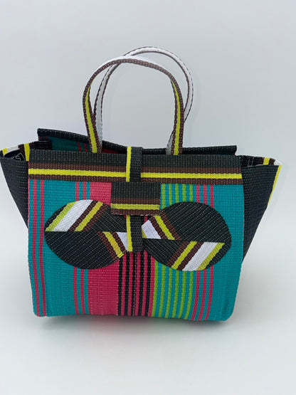 Candy Medium  handwoven tote bag by SCRUBIES in Black,Green,Pink,Yellow with Stripes design and Bow accent pattern