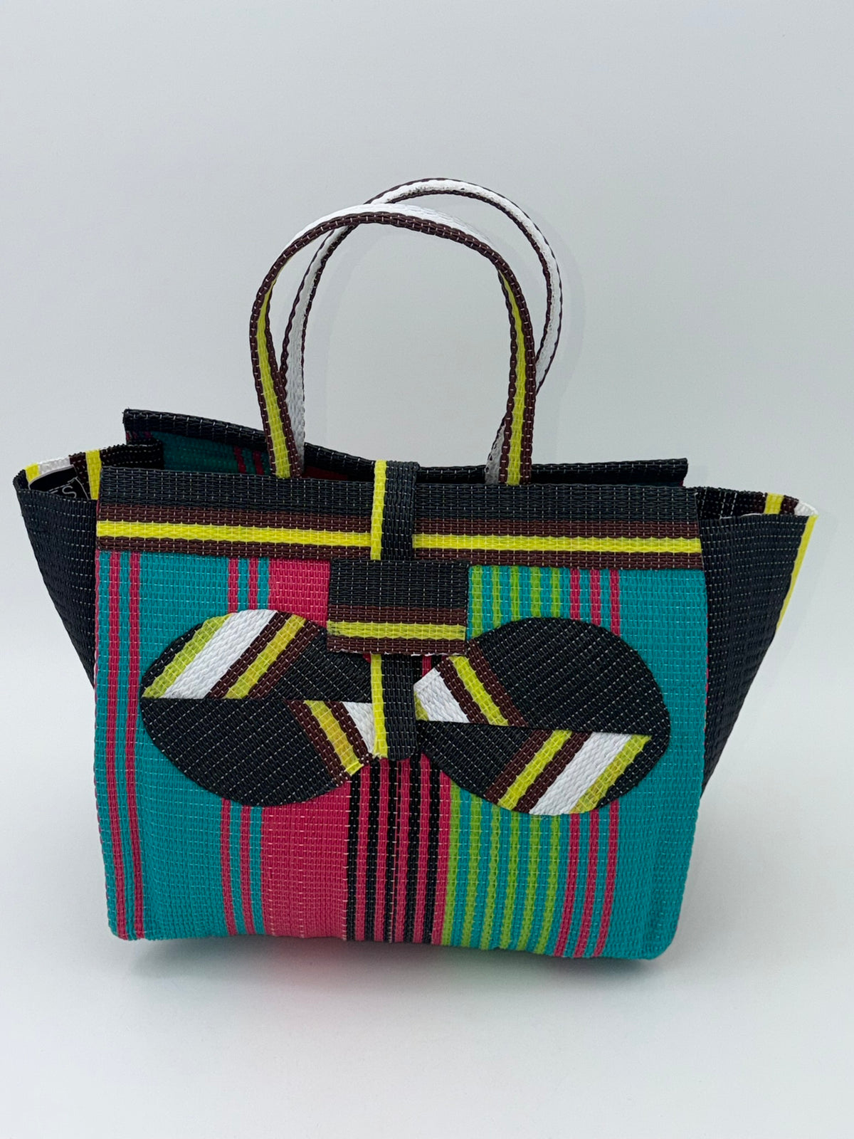 Candy Medium  handwoven tote bag by SCRUBIES in Black,Green,Pink,Yellow with Stripes design and Bow accent pattern