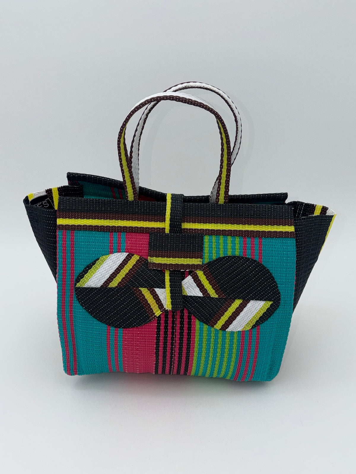 Candy Medium  handwoven tote bag by SCRUBIES in Black,Green,Pink,Yellow with Stripes design and Bow accent pattern
