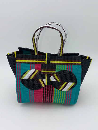 Candy Medium  handwoven tote bag by SCRUBIES in Black,Green,Pink,Yellow with Stripes design and Bow accent pattern