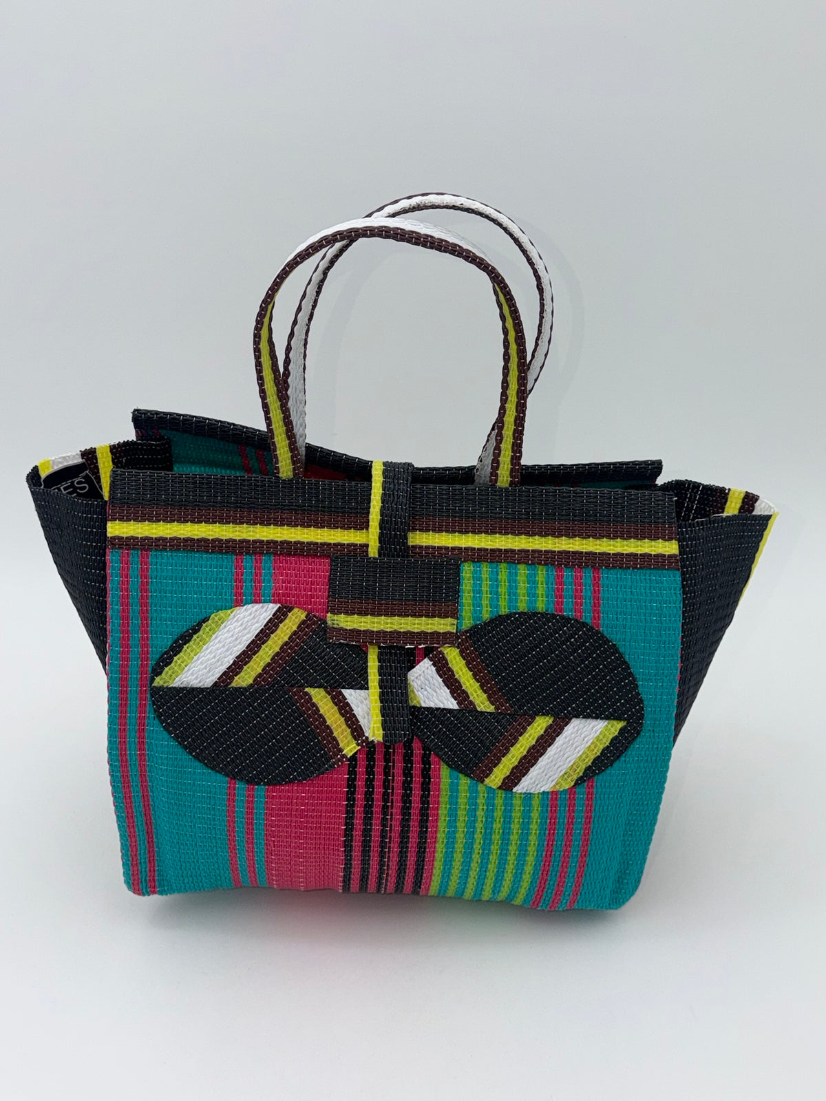 Candy Medium  handwoven tote bag by SCRUBIES in Black,Green,Pink,Yellow with Stripes design and Bow accent pattern