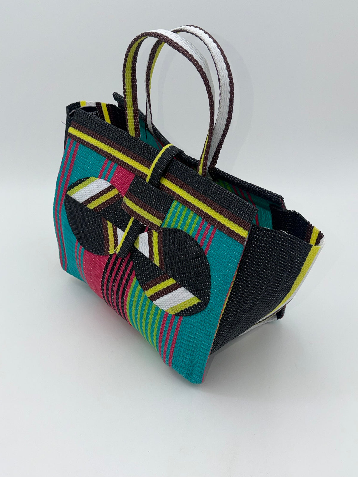 Candy Medium  handwoven tote bag by SCRUBIES in Black,Green,Pink,Yellow with Stripes design and Bow accent pattern