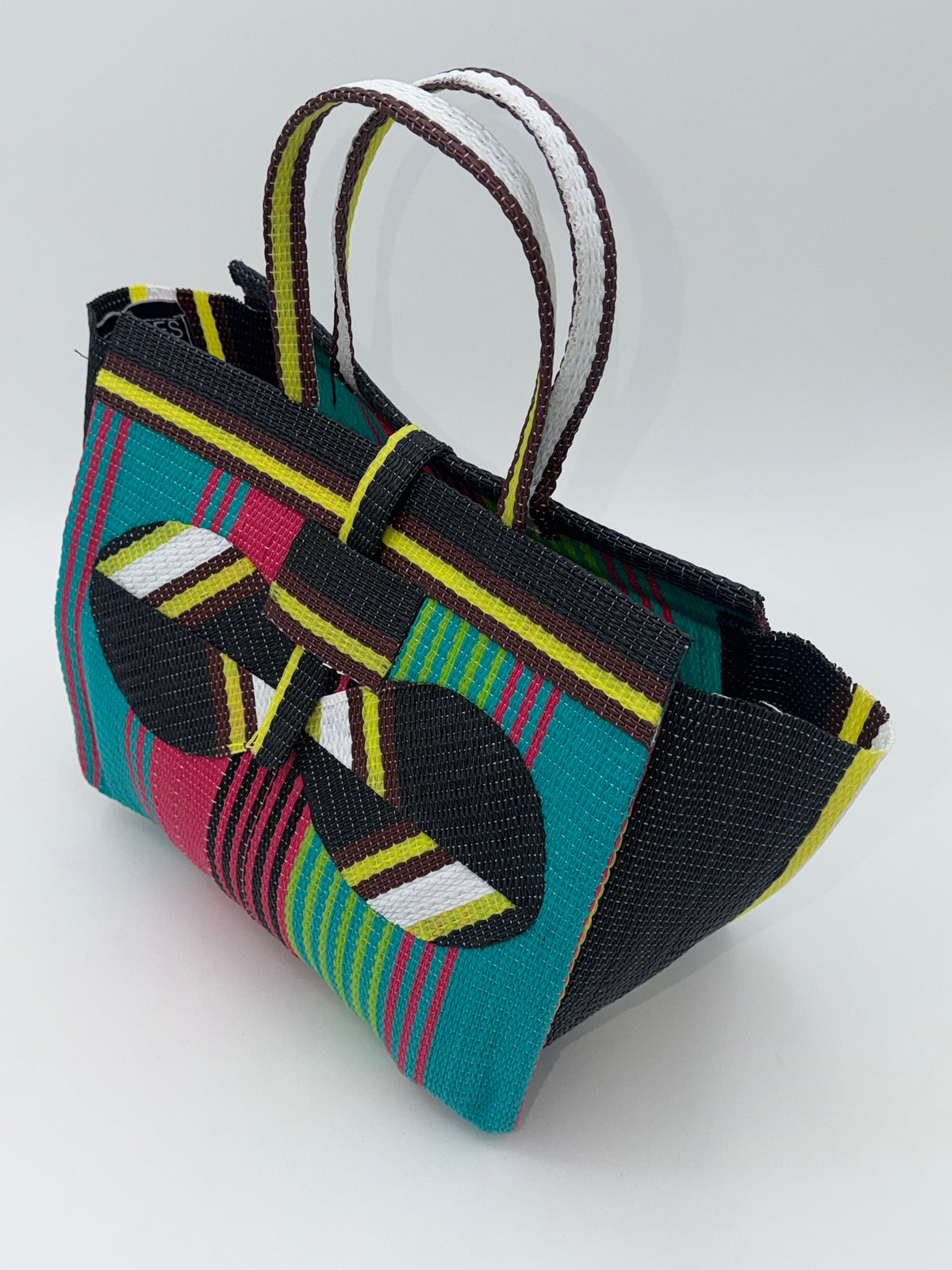 Candy Medium  handwoven tote bag by SCRUBIES in Black,Green,Pink,Yellow with Stripes design and Bow accent pattern