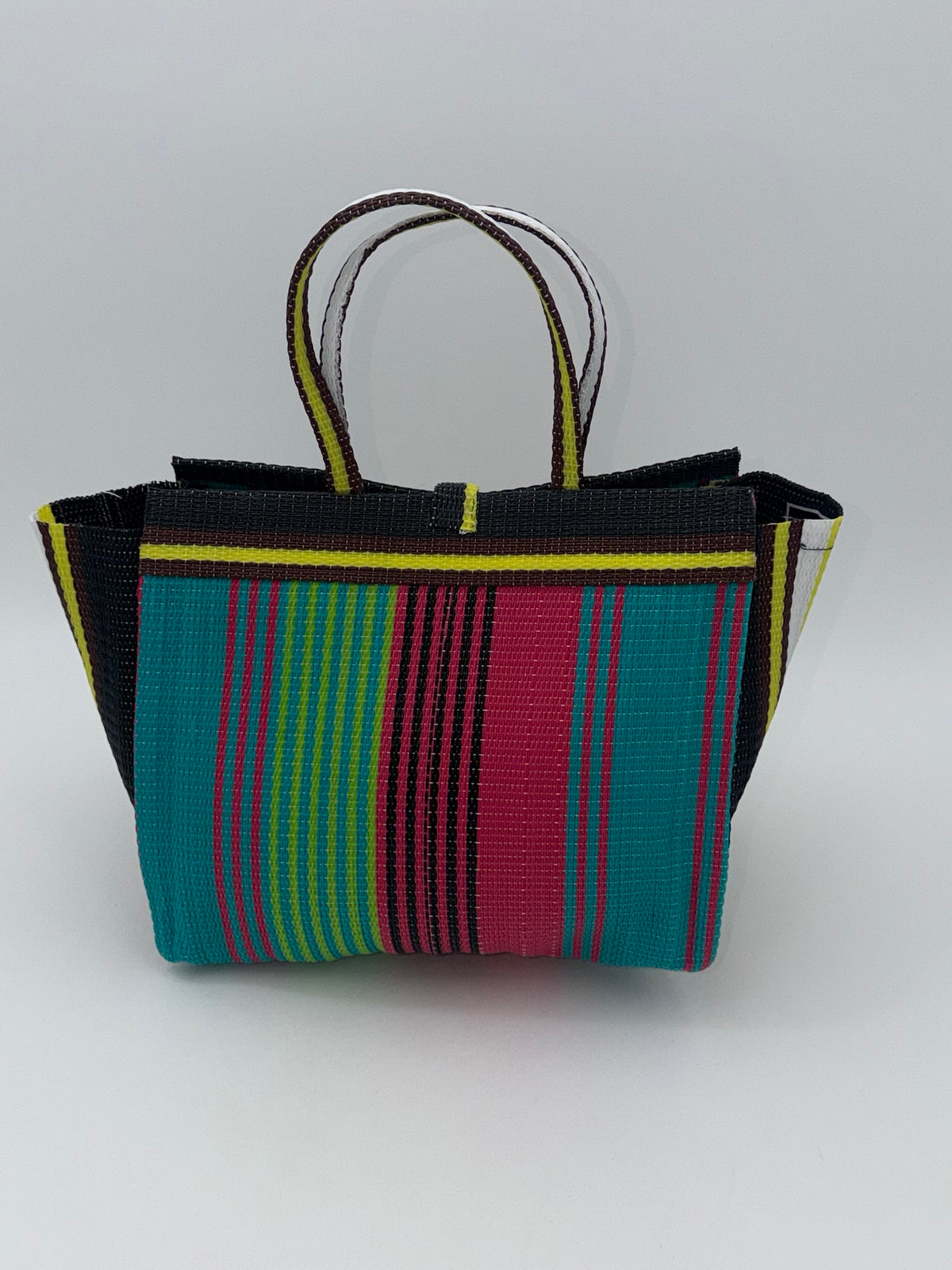 Candy Medium  handwoven tote bag by SCRUBIES in Black,Green,Pink,Yellow with Stripes design and Bow accent pattern