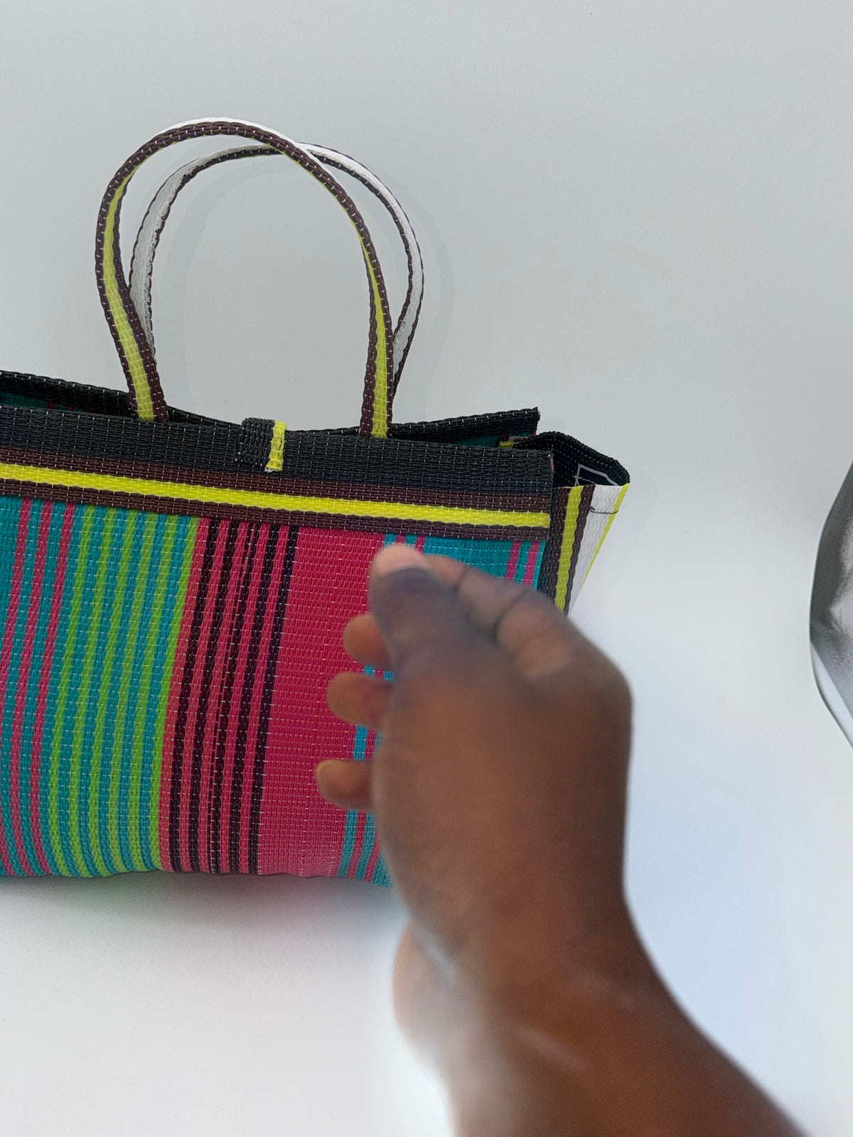 Candy Medium  handwoven tote bag by SCRUBIES in Black,Green,Pink,Yellow with Stripes design and Bow accent pattern