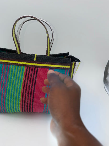Candy Medium  handwoven tote bag by SCRUBIES in Black,Green,Pink,Yellow with Stripes design and Bow accent pattern