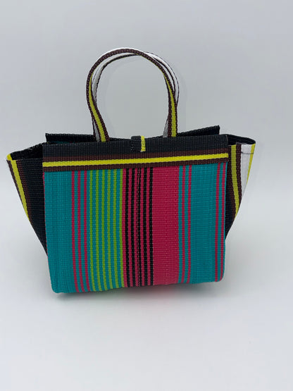 Candy Medium  handwoven tote bag by SCRUBIES in Black,Green,Pink,Yellow with Stripes design and Bow accent pattern