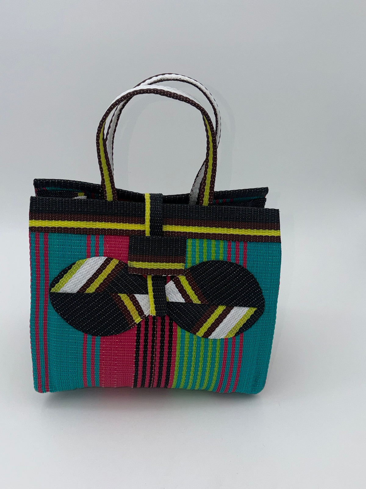 Candy Medium  handwoven tote bag by SCRUBIES in Black,Green,Pink,Yellow with Stripes design and Bow accent pattern