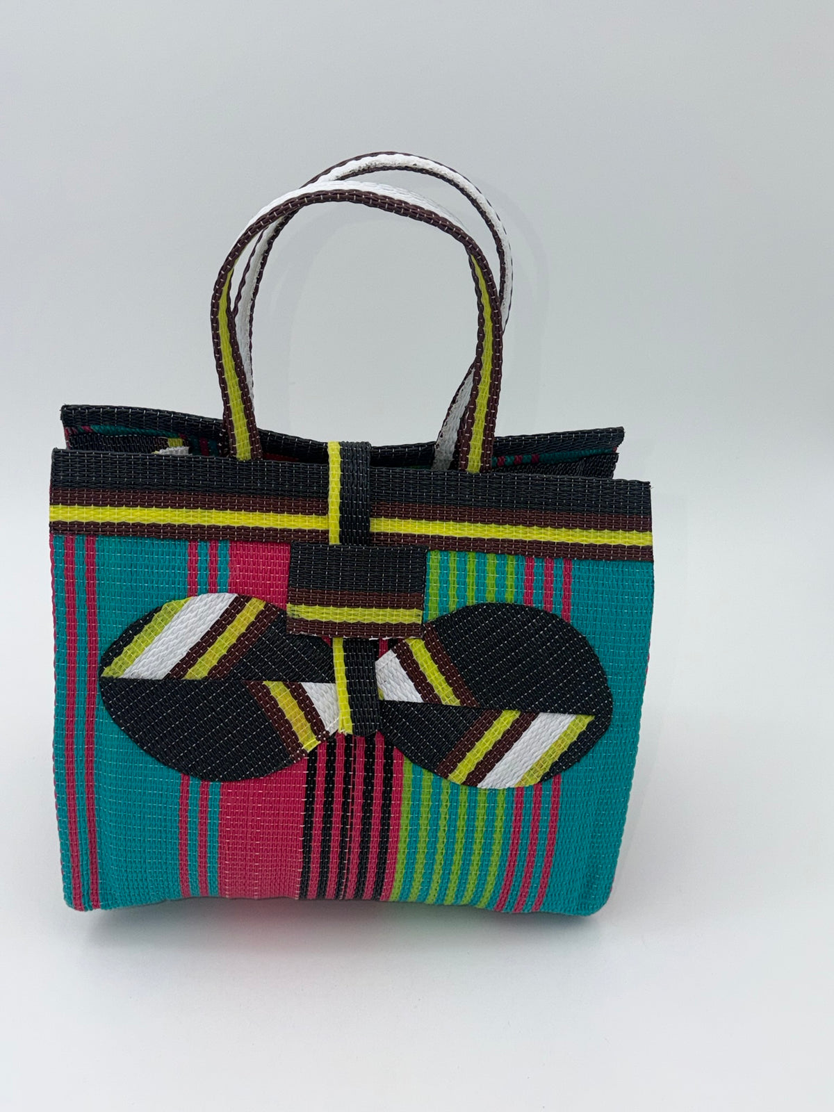 Candy Medium  handwoven tote bag by SCRUBIES in Black,Green,Pink,Yellow with Stripes design and Bow accent pattern
