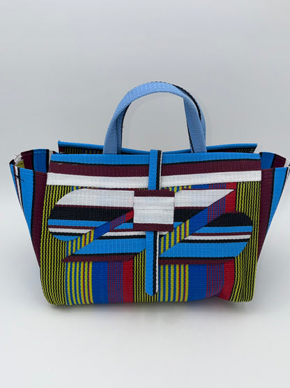 Africana Large handwoven tote bag by SCRUBIES in Blue,Wine,Yellow,Blue,Red with Stripes design and Abstract accent pattern