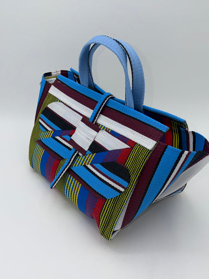 Africana Large handwoven tote bag by SCRUBIES in Blue,Wine,Yellow,Blue,Red with Stripes design and Abstract accent pattern