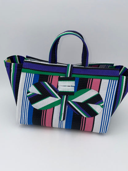 Candy Large handwoven tote bag by SCRUBIES in Purple,Blue,White,Pink, with Stripes design and Bow accent pattern
