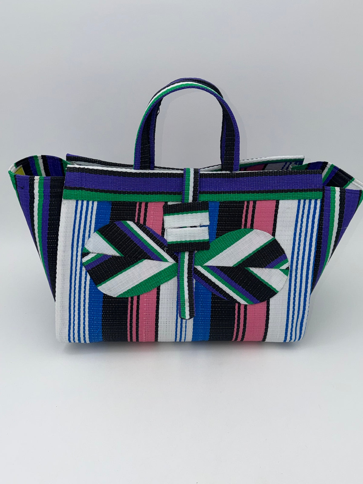 Candy Large handwoven tote bag by SCRUBIES in Purple,Blue,White,Pink, with Stripes design and Bow accent pattern