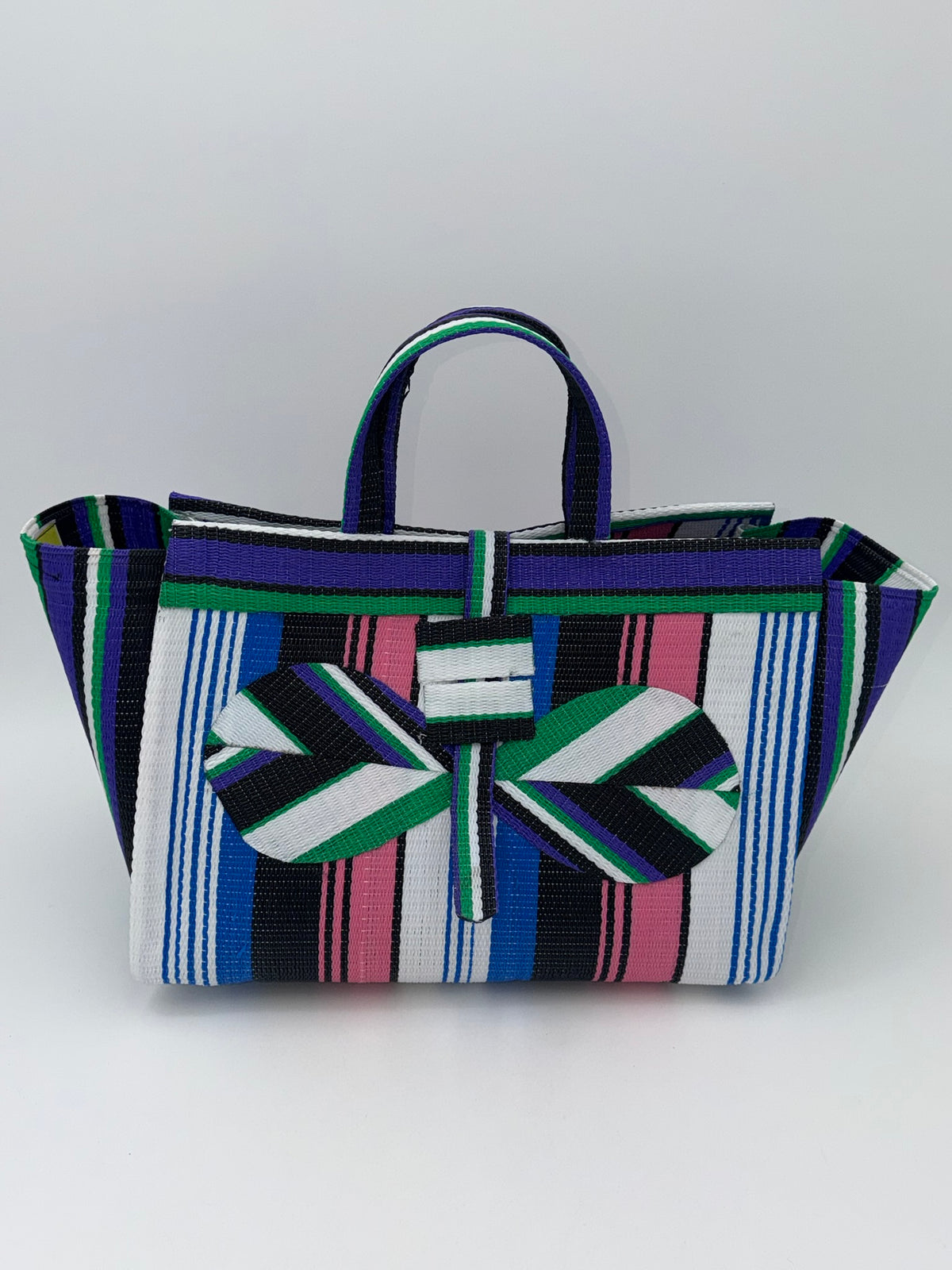 Candy Large handwoven tote bag by SCRUBIES in Purple,Blue,White,Pink, with Stripes design and Bow accent pattern
