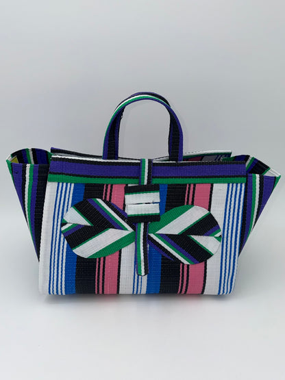 Candy Large handwoven tote bag by SCRUBIES in Purple,Blue,White,Pink, with Stripes design and Bow accent pattern