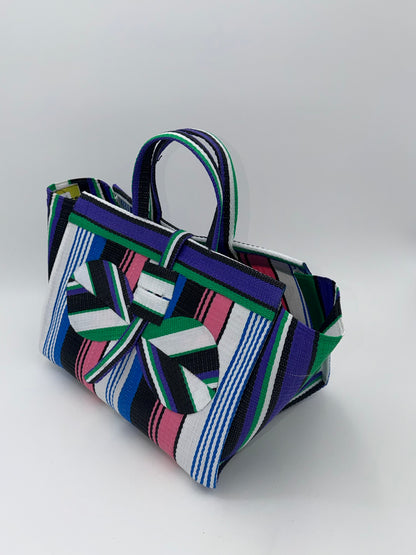 Candy Large handwoven tote bag by SCRUBIES in Purple,Blue,White,Pink, with Stripes design and Bow accent pattern