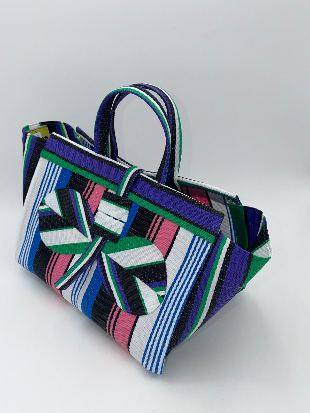 Candy Large handwoven tote bag by SCRUBIES in Purple,Blue,White,Pink, with Stripes design and Bow accent pattern