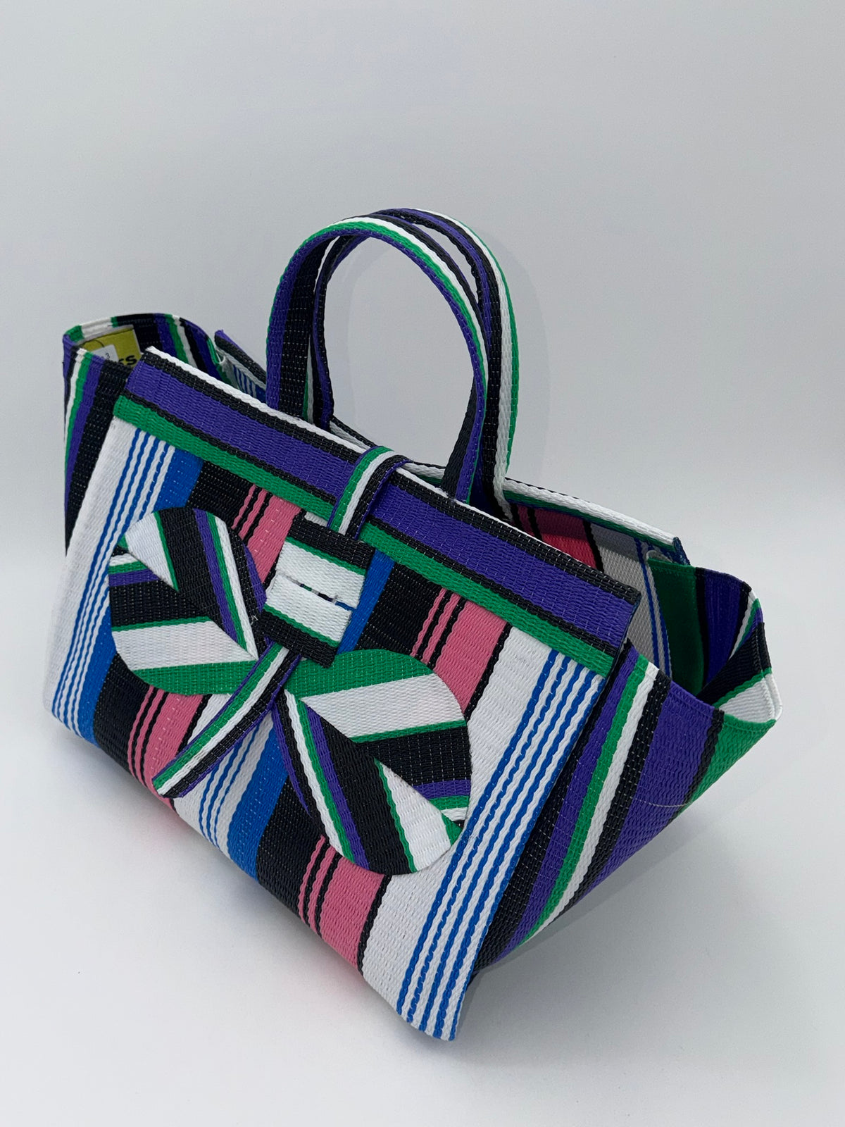 Candy Large handwoven tote bag by SCRUBIES in Purple,Blue,White,Pink, with Stripes design and Bow accent pattern