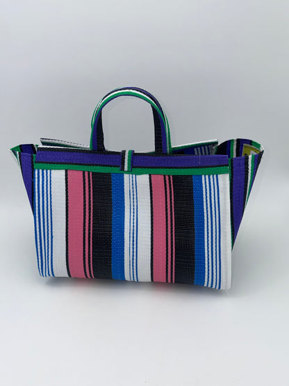 Candy Large handwoven tote bag by SCRUBIES in Purple,Blue,White,Pink, with Stripes design and Bow accent pattern