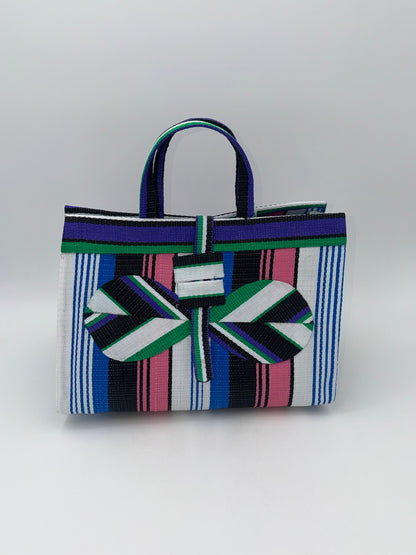 Candy Large handwoven tote bag by SCRUBIES in Purple,Blue,White,Pink, with Stripes design and Bow accent pattern