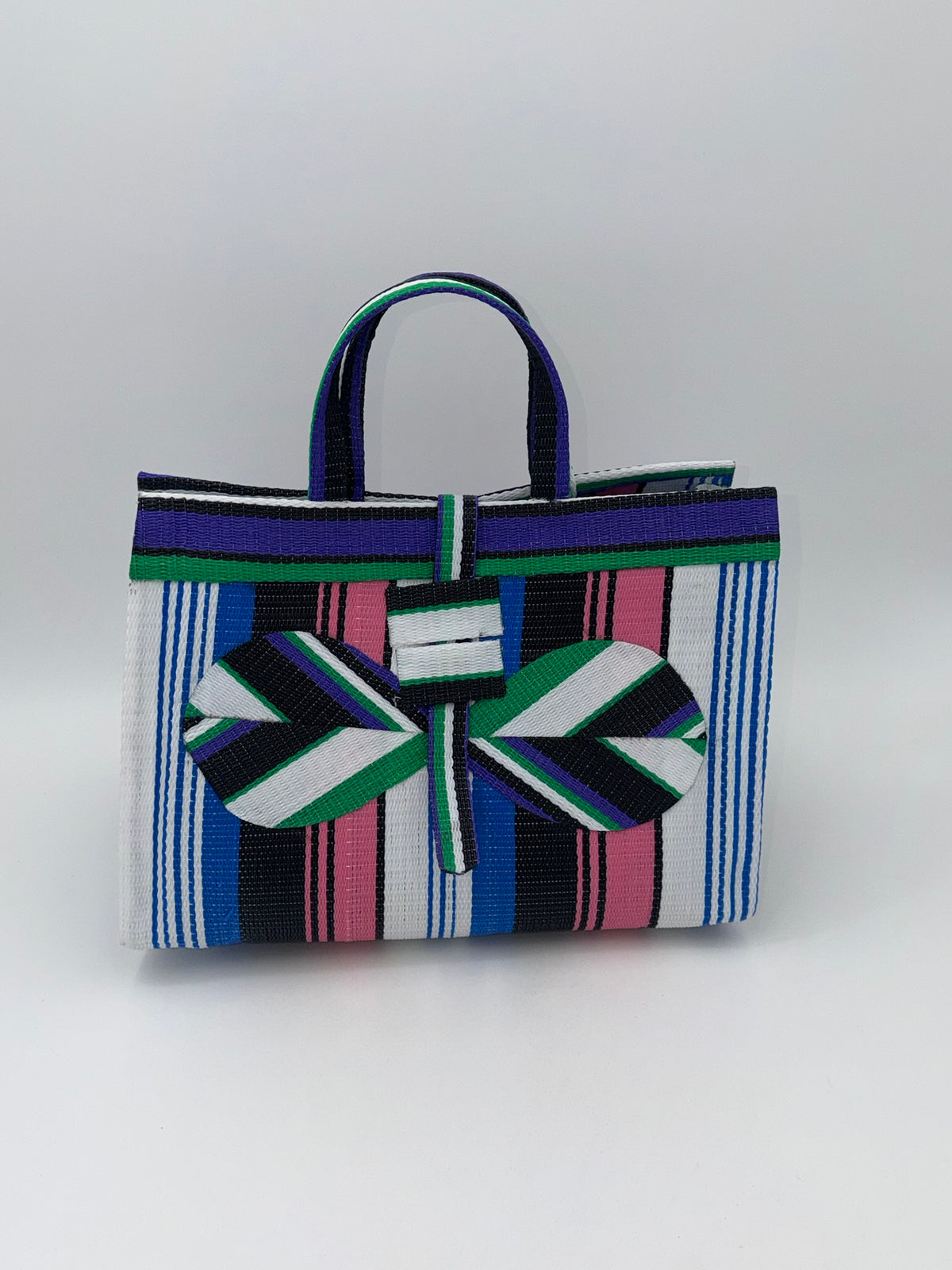 Candy Large handwoven tote bag by SCRUBIES in Purple,Blue,White,Pink, with Stripes design and Bow accent pattern