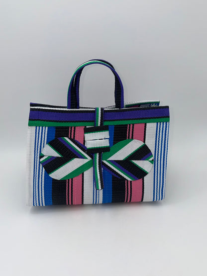 Candy Large handwoven tote bag by SCRUBIES in Purple,Blue,White,Pink, with Stripes design and Bow accent pattern