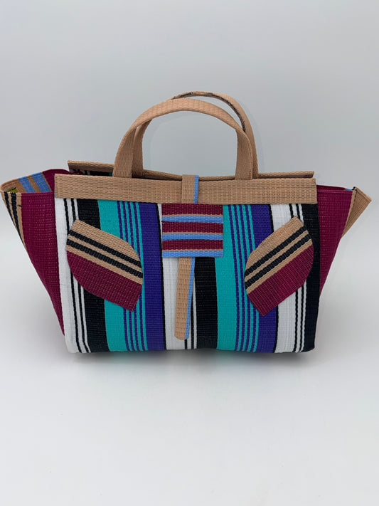 Lavender Large handwoven tote bag by SCRUBIES in Beige,Wine,Teal,Black,White with Stripes design and Leaf accent pattern
