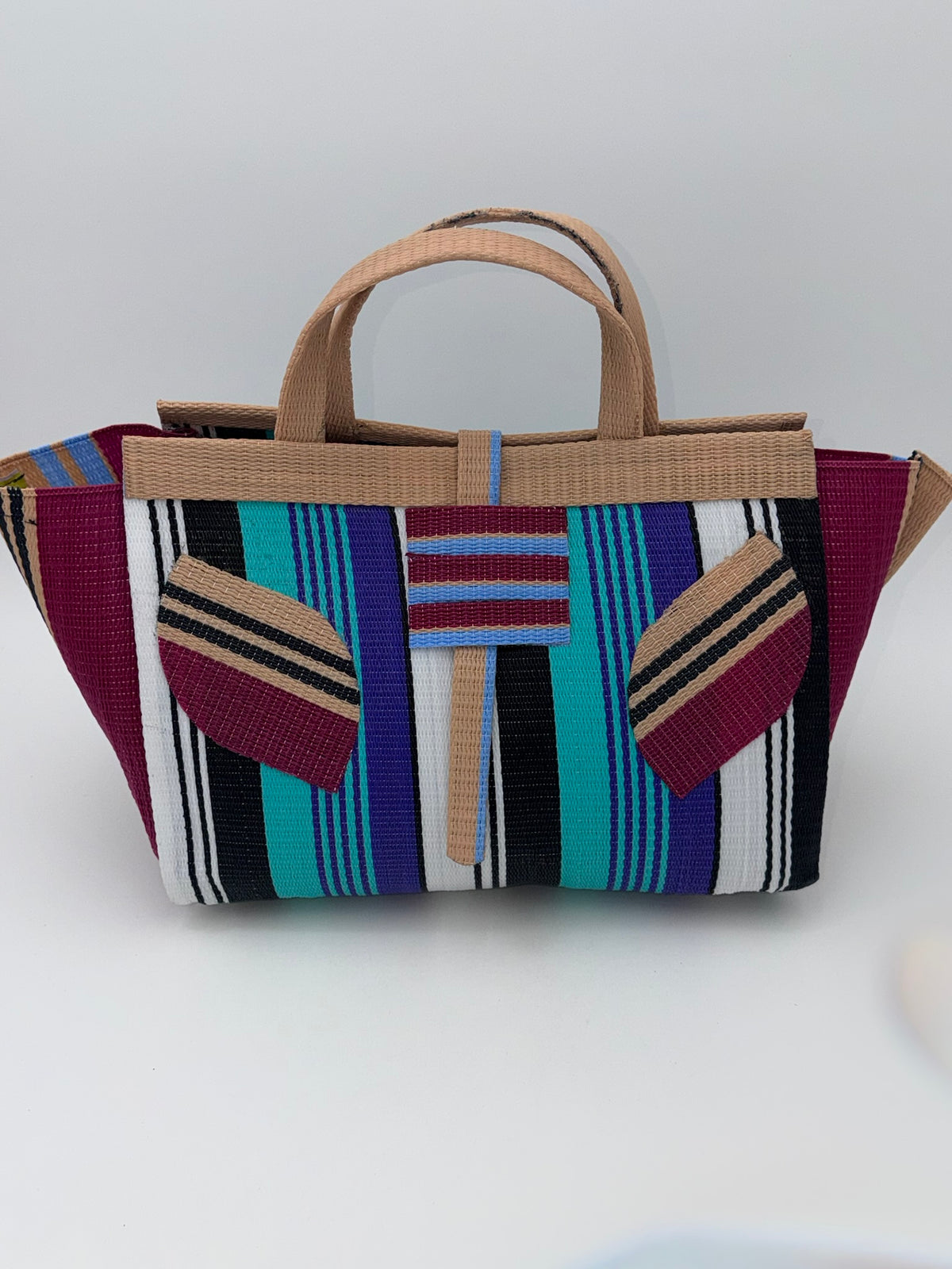 Lavender Large handwoven tote bag by SCRUBIES in Beige,Wine,Teal,Black,White with Stripes design and Leaf accent pattern