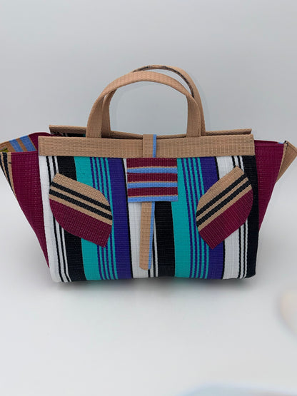Lavender Large handwoven tote bag by SCRUBIES in Beige,Wine,Teal,Black,White with Stripes design and Leaf accent pattern