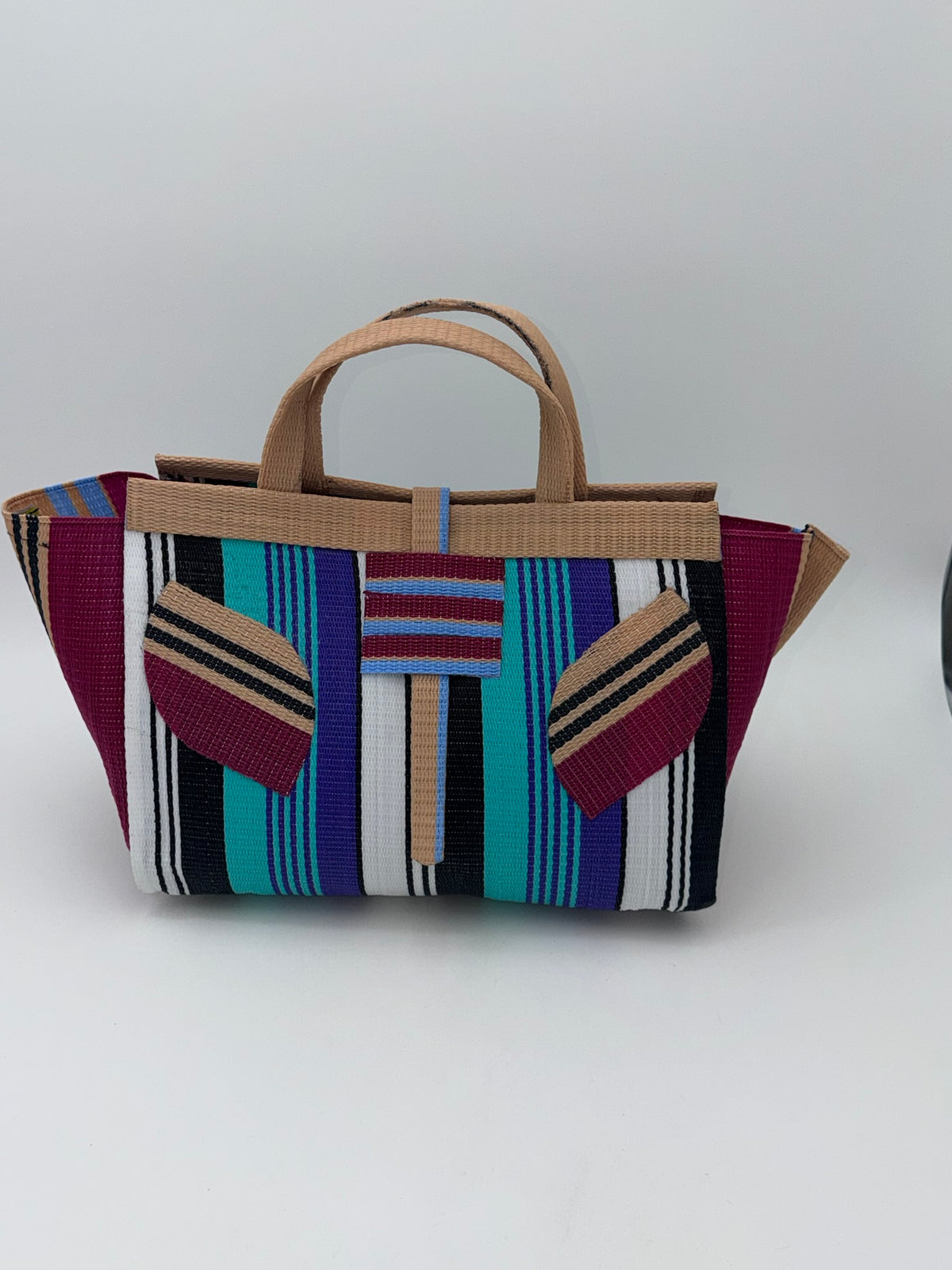Lavender Large handwoven tote bag by SCRUBIES in Beige,Wine,Teal,Black,White with Stripes design and Leaf accent pattern