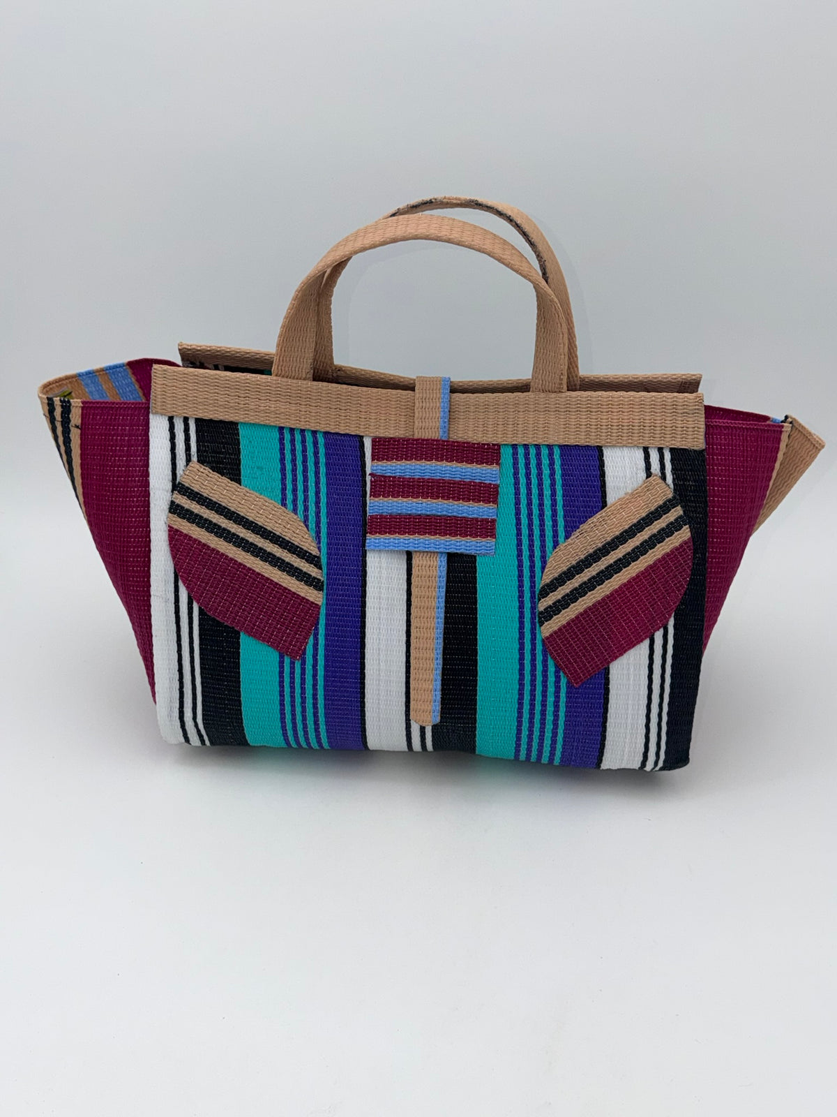 Lavender Large handwoven tote bag by SCRUBIES in Beige,Wine,Teal,Black,White with Stripes design and Leaf accent pattern