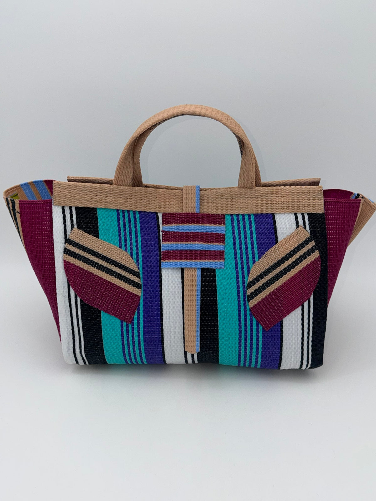 Lavender Large handwoven tote bag by SCRUBIES in Beige,Wine,Teal,Black,White with Stripes design and Leaf accent pattern