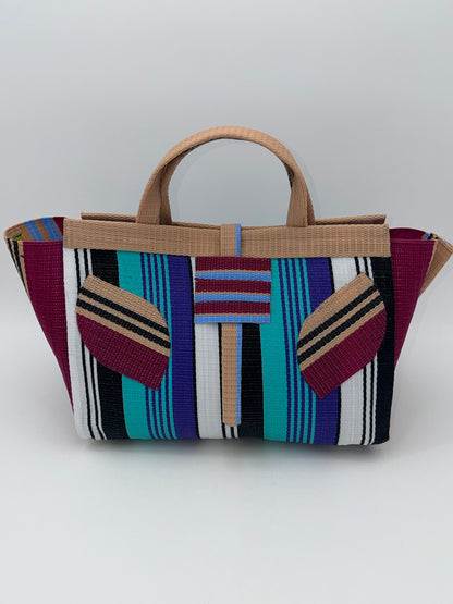 Lavender Large handwoven tote bag by SCRUBIES in Beige,Wine,Teal,Black,White with Stripes design and Leaf accent pattern