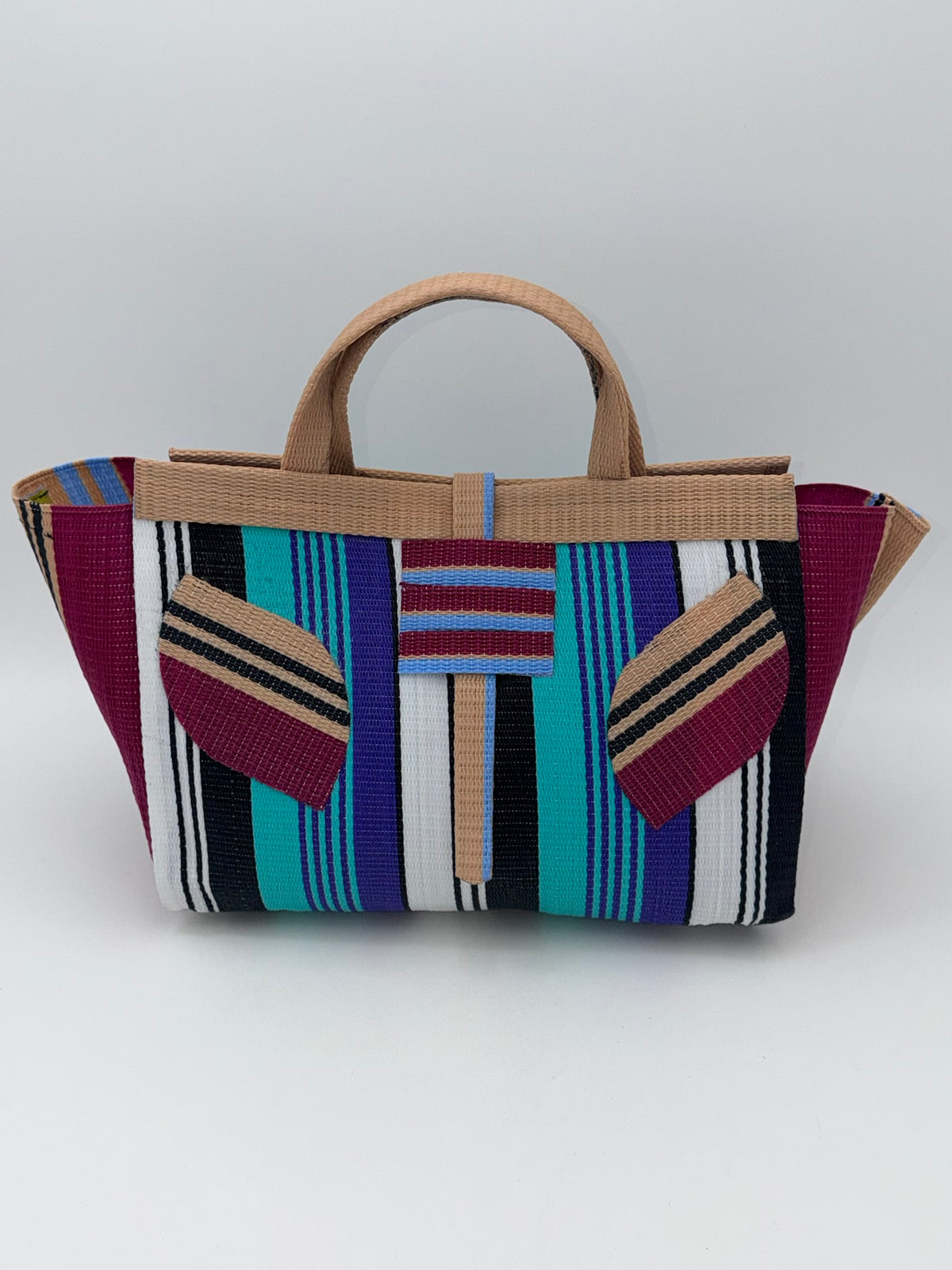 Lavender Large handwoven tote bag by SCRUBIES in Beige,Wine,Teal,Black,White with Stripes design and Leaf accent pattern