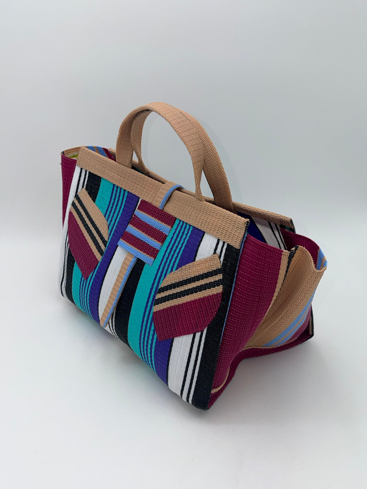 Lavender Large handwoven tote bag by SCRUBIES in Beige,Wine,Teal,Black,White with Stripes design and Leaf accent pattern