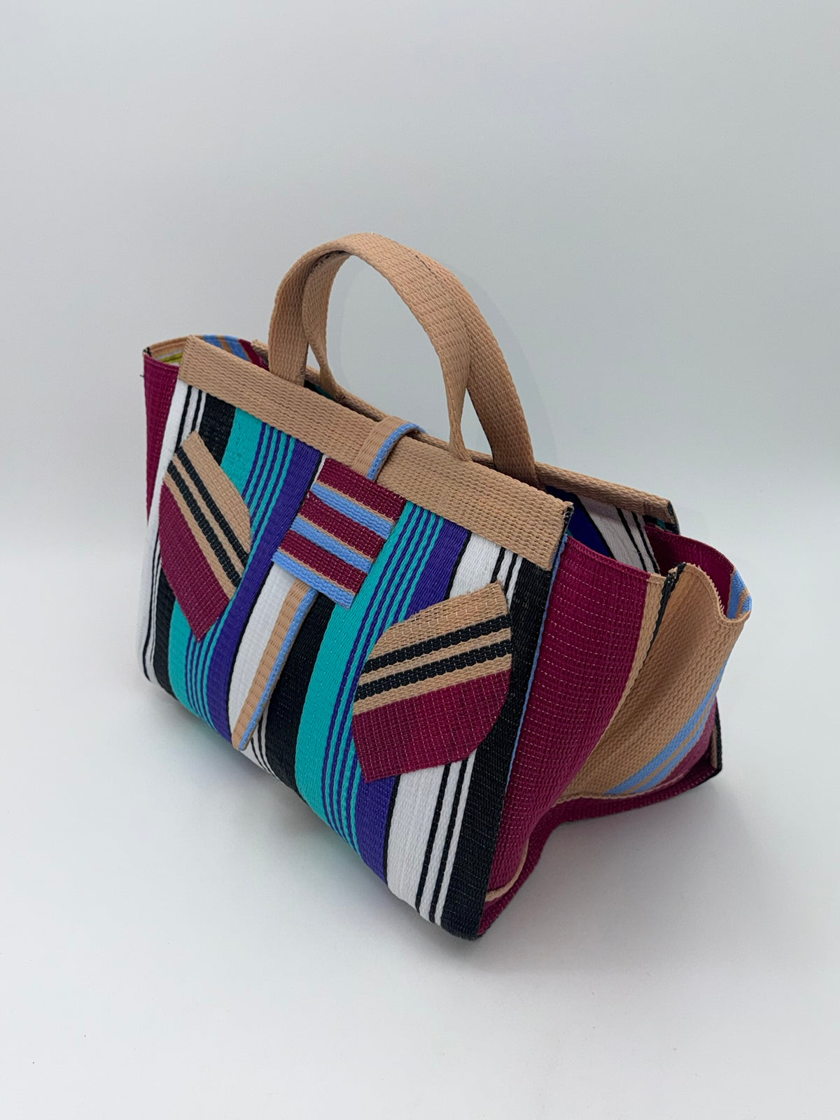 Lavender Large handwoven tote bag by SCRUBIES in Beige,Wine,Teal,Black,White with Stripes design and Leaf accent pattern