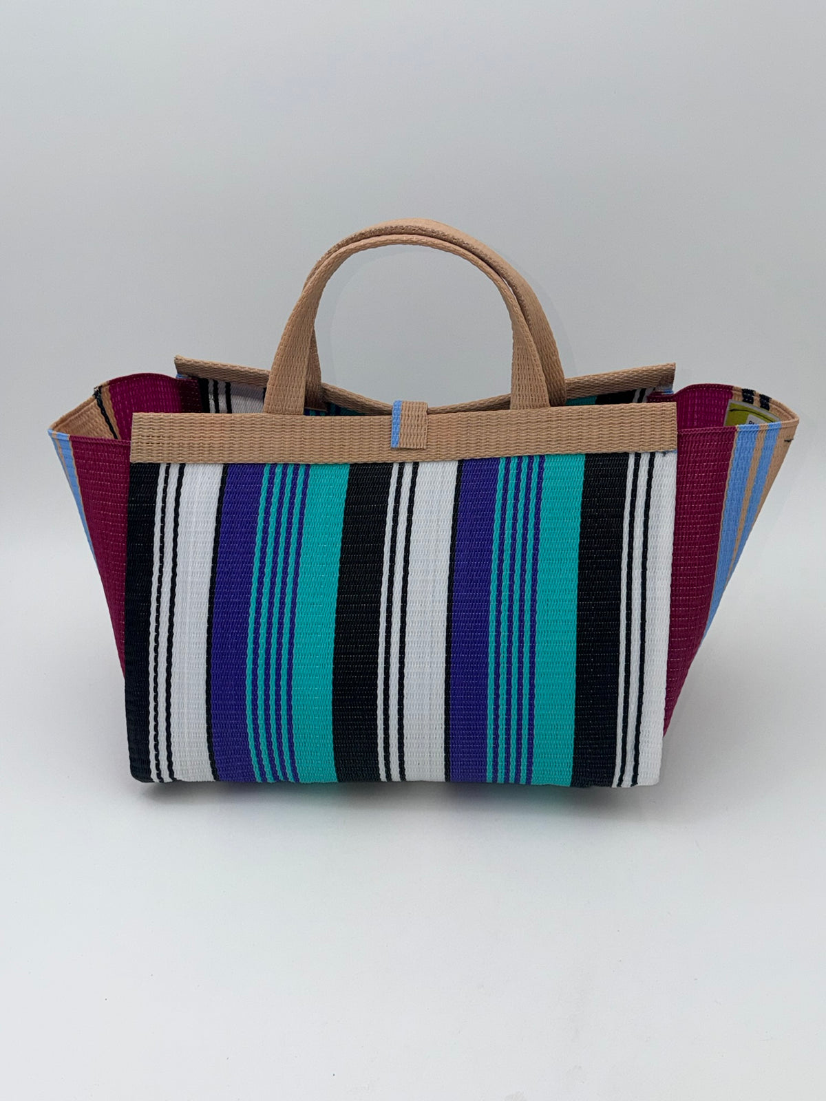 Lavender Large handwoven tote bag by SCRUBIES in Beige,Wine,Teal,Black,White with Stripes design and Leaf accent pattern