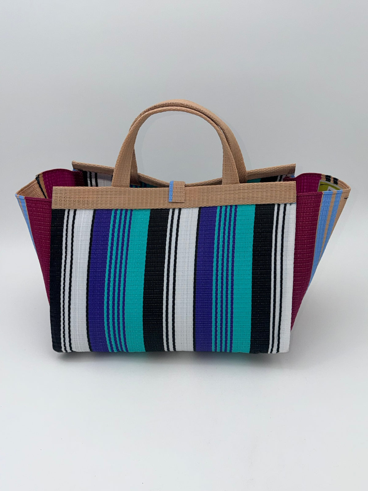 Lavender Large handwoven tote bag by SCRUBIES in Beige,Wine,Teal,Black,White with Stripes design and Leaf accent pattern
